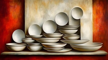 Wall Mural - Abstract Still Life Painting,  Stacked Ceramic Bowls on Red Shelf