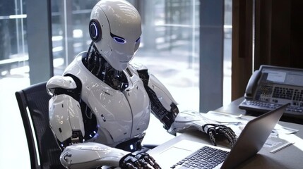 Poster - A humanoid robot with sleek metallic features is focused on a laptop, immersed in digital tasks