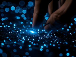Poster - Fingers touch glowing chip; dark background, bokeh. Tech concept