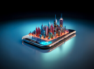 Poster - A vibrant, miniature cityscape rests on a sleek smartphone, illuminated by a soft blue glow.  This captivating image symbolizes the power of mobile technology and connectivity in the modern world.