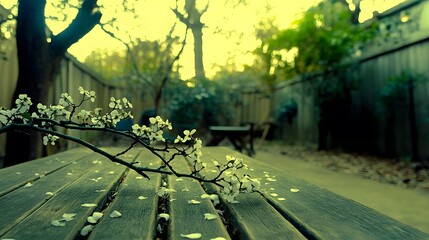 Wall Mural - Serene Spring Blossoms on Wooden Bench in Garden