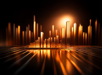 Poster - Golden bars form an upward trending graph, reflecting on a dark, metallic surface.  A warm light glows in the background, suggesting growth and success.