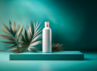 Poster - White cosmetic bottle on teal platform with tropical leaves.  Clean, minimalist aesthetic.  Perfect for skincare or beauty product display.