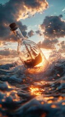 Poster - Ship in a bottle floats on stormy waters waves crashing around it under a cloudy sky High contrast digital art style with textures of sea foam clouds and the glass bottle created in Unreal Engine 5