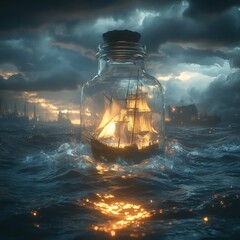 Poster - Ship in a liquidfilled glass jar floating on dark choppy waves under a stormy sky Digital art style uses contrasting light and dark to emphasize sea foam and cloud textures Unreal Engine 5 effects