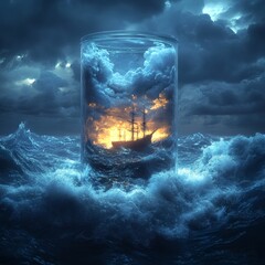 Poster - Ship in a liquidfilled glass jar floating on dark choppy waves under a stormy sky Digital art style uses contrasting light and dark to emphasize sea foam and cloud textures Unreal Engine 5 effects