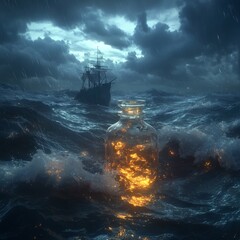 Poster - Ship in a liquidfilled glass jar floating on dark choppy waves under a stormy sky Digital art style uses contrasting light and dark to emphasize sea foam and cloud textures Unreal Engine 5 effects
