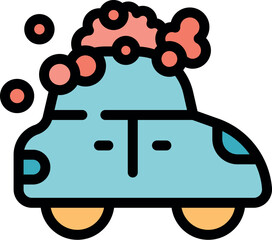 Poster - Light blue car getting washed, with pink soap suds and bubbles on its roof