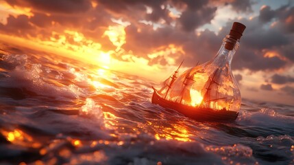 Poster - Ship trapped in a bottle tossed on stormy waters clouds swirling in the sky highlighted by high contrast light Realistic sea foam and glass reflections enhanced with Unreal Engine 5 lighting