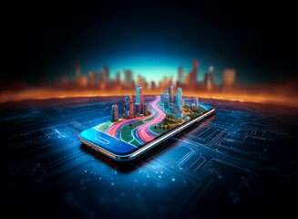 Poster - A futuristic cityscape miniature rests on a smartphone, symbolizing mobile technology and urban planning.  The vibrant scene is set against a blurred city backdrop, suggesting connectivity and progres