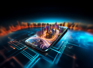 Aufkleber - A futuristic cityscape displayed on a smartphone screen,  immersive and vibrant, resting on a circuit board. The scene suggests advanced technology and mobile connectivity.