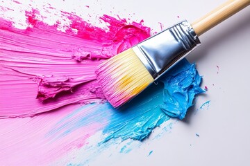 Poster - Bright brush blending pink and blue paint on canvas with vibrant colors creating an artistic texture for creative expression