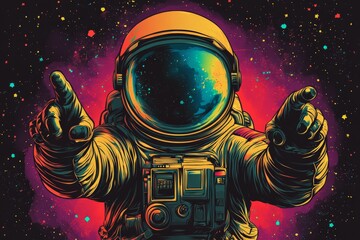 Poster - Vibrant astronaut reaching out against a cosmic background filled with stars and colors