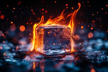 Fototapete - Ice cube melting amidst vibrant flames creates stunning contrast in dynamic scene