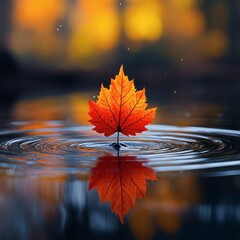 Fototapete - Single red maple leaf gently drifts on a reflective water surface raindrops creating ripples Warm autumn colors of orange and yellow blur into a soft bokeh with diffused sunlight enhancing the scene