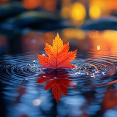 Fototapete - Single red maple leaf gently drifts on a reflective water surface raindrops creating ripples Warm autumn colors of orange and yellow blur into a soft bokeh with diffused sunlight enhancing the scene