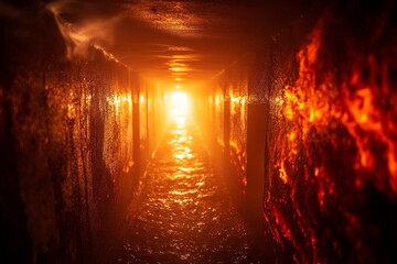 Aufkleber - Golden sunlight filters through an underground tunnel reflecting off the water surface in a captivating display