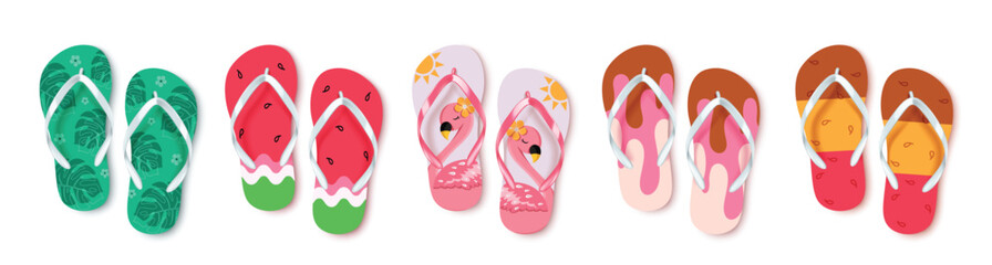 Wall Mural - flip flop icon clipart set. summer colorful slipper clipart collection for tropical beach trendy san