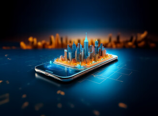 Poster - A futuristic cityscape miniature sits atop a sleek smartphone, illuminated with vibrant blue light.  The scene evokes a sense of technological advancement and urban connectivity.