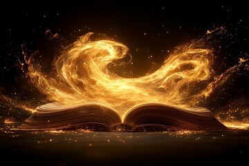 Poster - Golden flames emerge from an open book, symbolizing creativity and imagination in a mystical setting during twilight