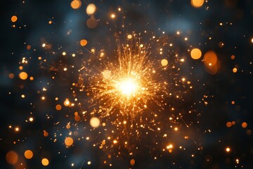 Aufkleber - Bright burst of golden light explodes in dark background creating a stunning visual display of sparks and glittering particles
