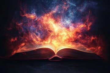 Aufkleber - Magic book unleashing vibrant flames and colors in a cosmic background during a fantasy scene