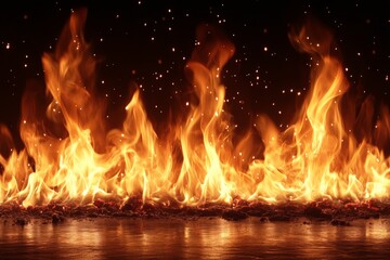 Poster - Flames dance brightly against a dark background with sparks illuminating the night atmosphere
