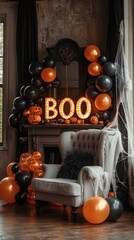 Poster - Spooky yet inviting Halloween party room displaying glowing 'BOO' letters draped in cobwebs and adorned with orange and black balloons with a comfy grey armchair creating a cozy vibe