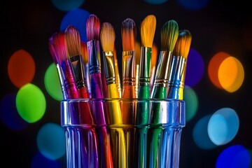 Aufkleber - Colorful paintbrushes arranged in a glass container with a vibrant bokeh background