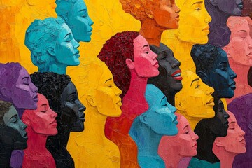 Poster - Colorful mural showcasing diverse profiles of women against a vibrant yellow background in an urban setting