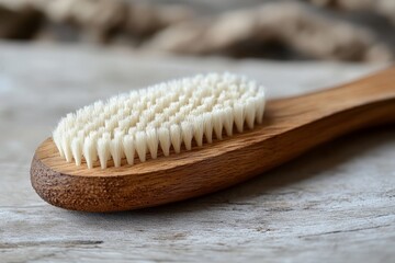 Poster - Wooden brush designed for gentle cleaning and grooming on a wooden surface in well-lit natural setting