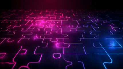 Poster - Neon Puzzle Pieces, Abstract Background, Problem Solving, Technology