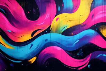 Poster - Colorful abstract mural showcases vibrant waves of pink, blue, and yellow paint in an urban setting