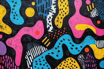 Poster - Colorful abstract mural with vibrant shapes on a dark background in an urban setting