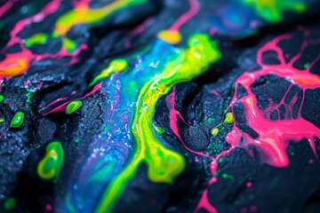 Poster - Vibrant neon paint creating abstract patterns on a dark surface in an artistic display of colors and textures