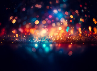 Poster - Vibrant, colorful bokeh lights sparkle and shimmer on a dark, reflective surface.  A magical, glittering scene perfect for celebratory backgrounds.