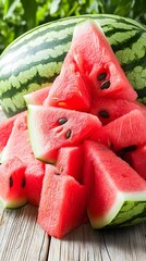 Wall Mural - Juicy Watermelon Slices on Wooden Table Summer Fruit Background