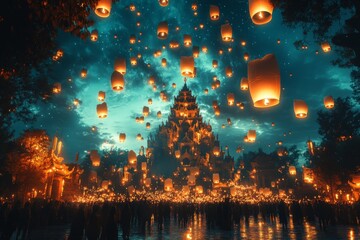 Aufkleber - Lanterns illuminate the night sky above a majestic temple during a cultural festival in a vibrant landscape