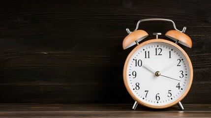 Wooden alarm clock on dark wood background.  Time management concept