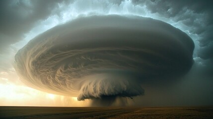 Aufkleber - Dark, swirling storm cloud hovers dramatically over vast plains as the sun sets, casting an otherworldly glow. This captivating spectacle illustrates nature's awe-inspiring forces