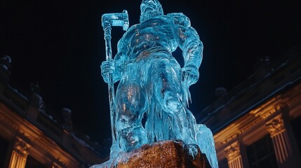 Poster - Striking icy monument formed in blue and red depicting a strong man holding a hammer above the waist Below rough golden stone adds contrast all under dark atmospheric low lighting