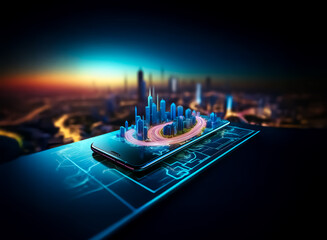 Aufkleber - A futuristic city miniature sits on a smartphone, displayed against a vibrant cityscape backdrop at sunset.  The scene evokes technological advancement and urban planning.