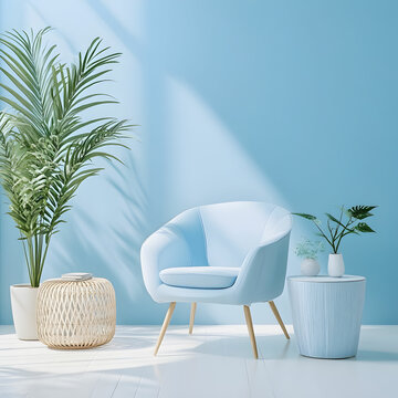 Interior of the room in plain monochrome pastel blue color with furniture's and room accessories