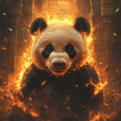 Fototapete - Striking image of a panda emerging from dynamic flames embers glowing on its fur Its stripe resembles lava with ancient temple ruins vines and hieroglyphics adding to the mystical atmosphere