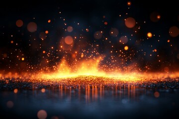 Fototapete - Dynamic spark of flames and ember particles illuminating a dark surface at night