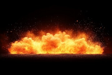 Poster - Fiery explosion lighting up the night sky with bright orange flames and sparks in a dark environment