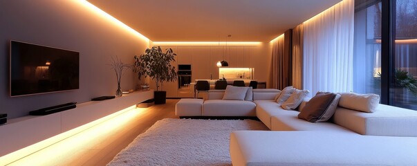Poster - A modern, illuminated living room featuring a cozy sectional sofa, minimalist decor, and a large window allowing natural light.