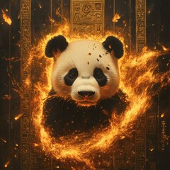 Poster - striking image of a panda emerging from dynamic flames embers glowing on its fur its stripe resemble