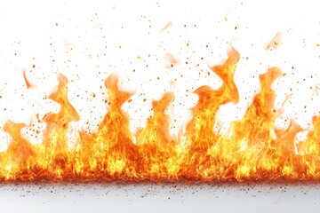 Poster - Vibrant flames dance in a blaze of orange and yellow against a white background, showcasing the energy and power of fire