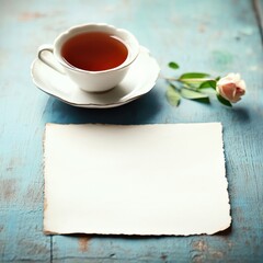 Aufkleber - Cozy tea setting with an empty space for writing notes and a delicate flower nearby. Generative AI